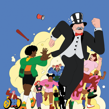 people chasing the monopoly money man